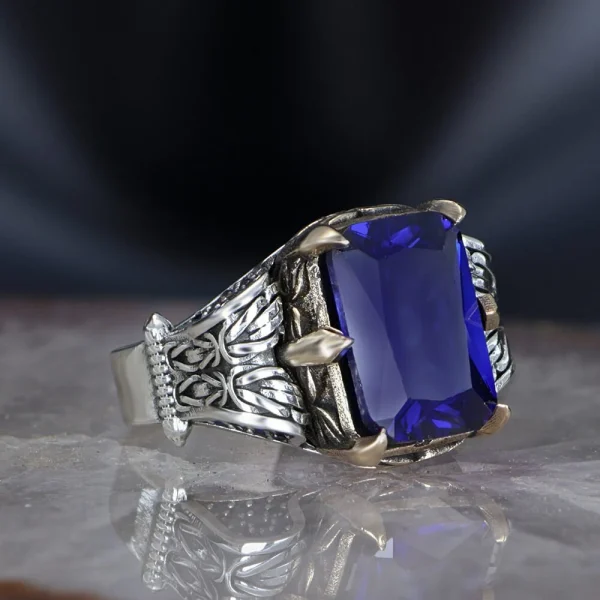 خاتم فضة رجالي عيار 925 مرصع بحجر الزيركون الازرق بتصميم مميز